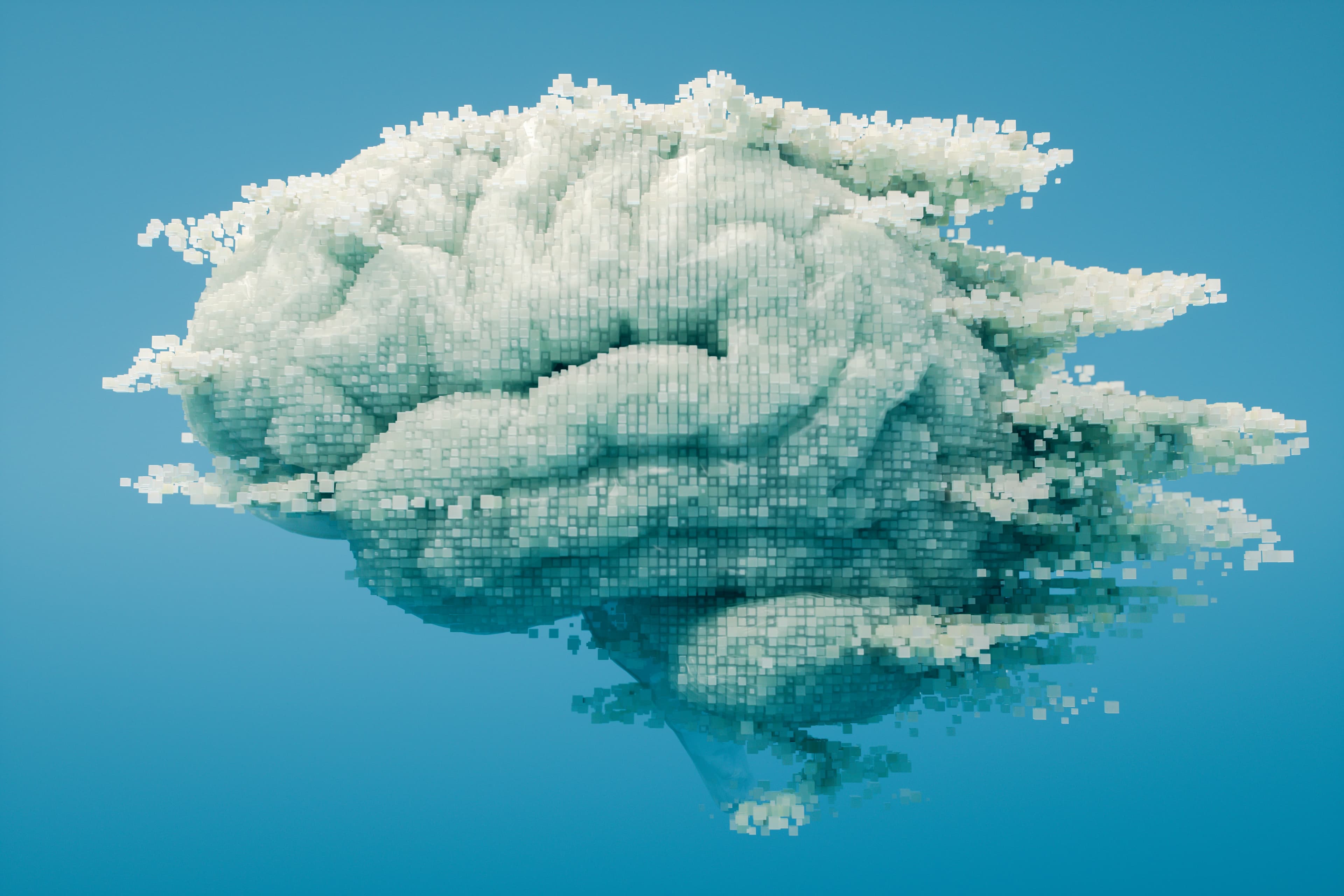 Voxel brain dissolving into cloud — context already waiting when you open a chat.