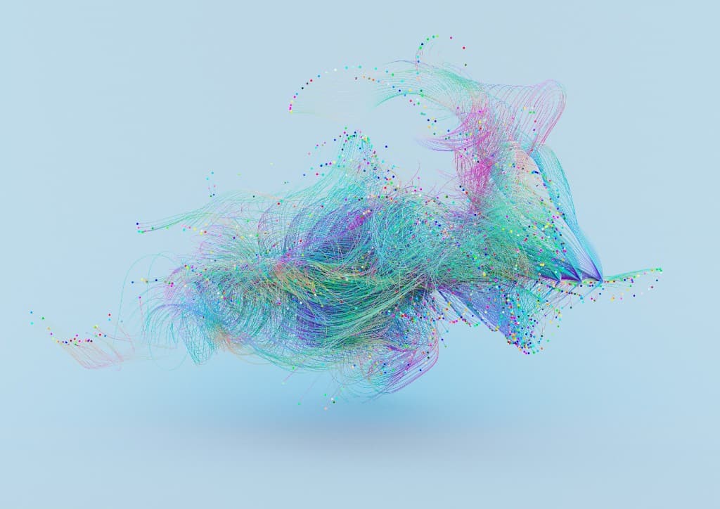 A dense, colourful network of lines and nodes — many separate memories, none of them shared.