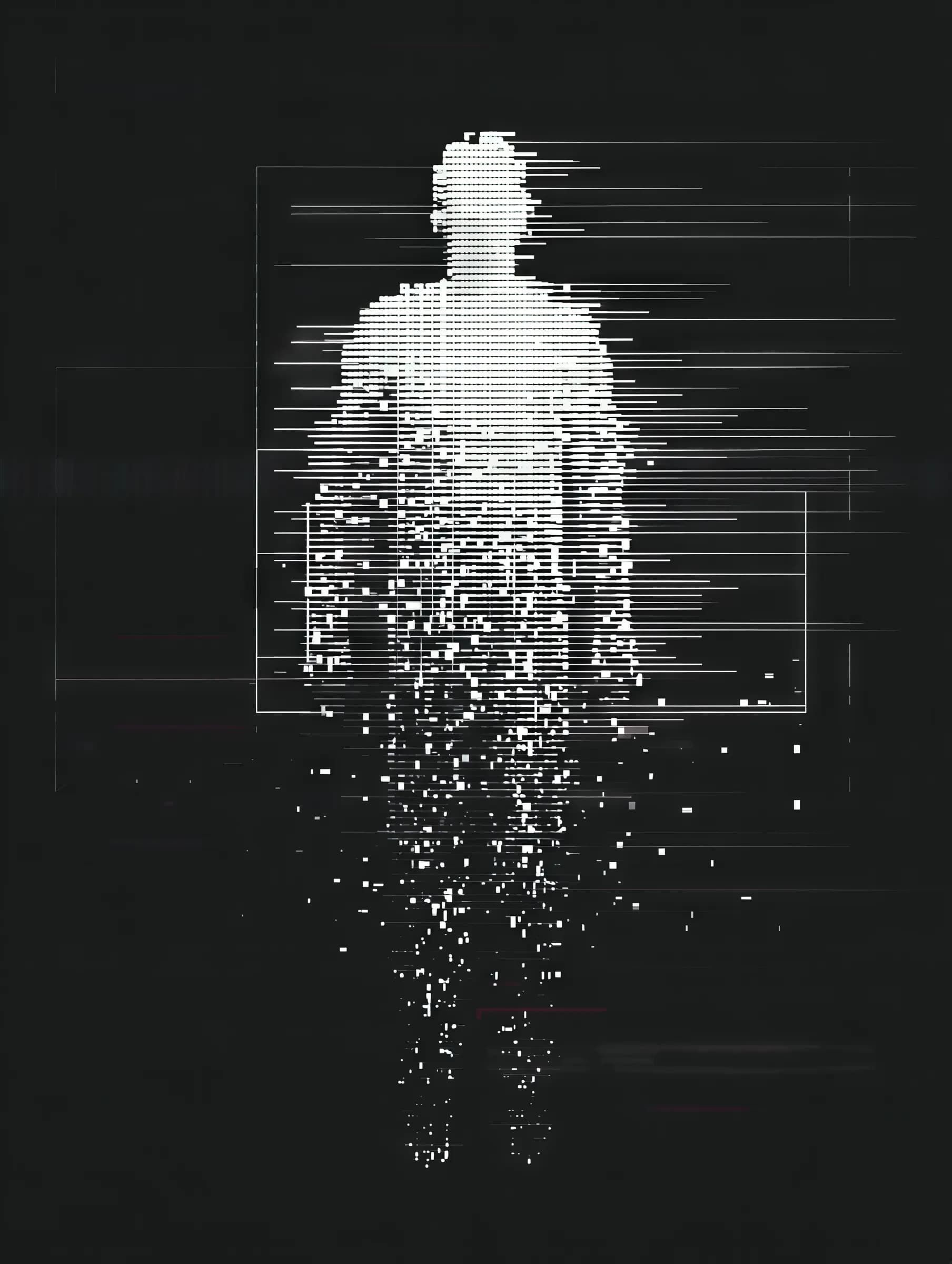 Digital human figure dissolving into data — information overload made visible