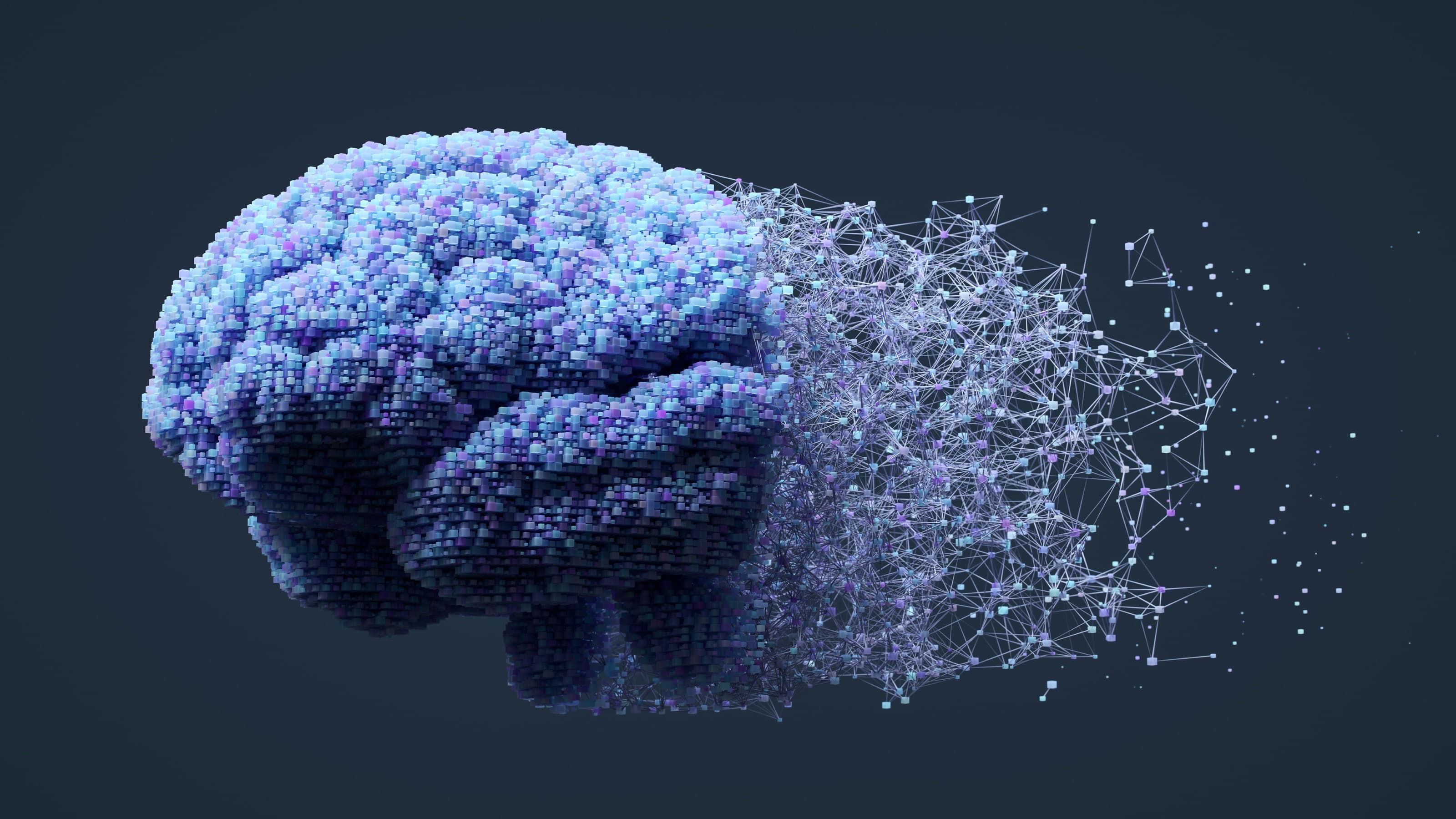 Voxel brain dissolving into a neural mesh — memory that survives every session.